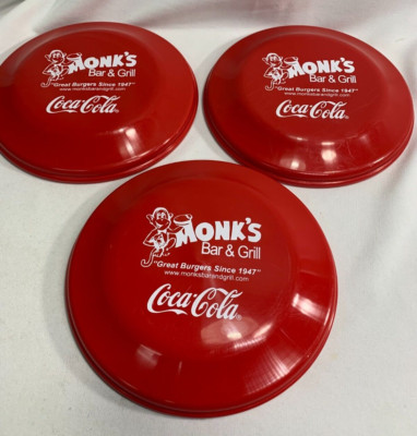 (3) Coca-Cola 9'' Frisbee-Monk's Bar & Grill-Wisconsin Dells-Soda Advertising