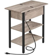  Side Table, Flip End Table with Charging Station and Shelves, 1 Greige+black