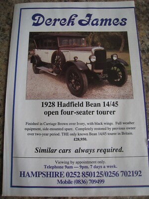 DEREK JAMES 1928 HADFIELD BEAN TOURER AUTO LAGERLISTE 1989 WERBUNG A4 AKTE 45