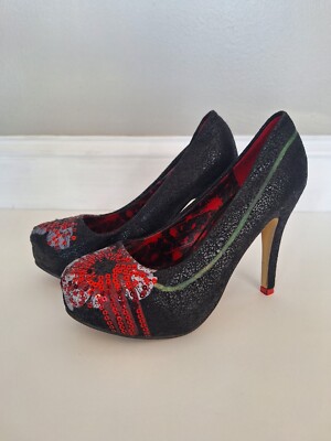 Iron Fist Heels Black With Red Sequin Flower Design Size 31/ US