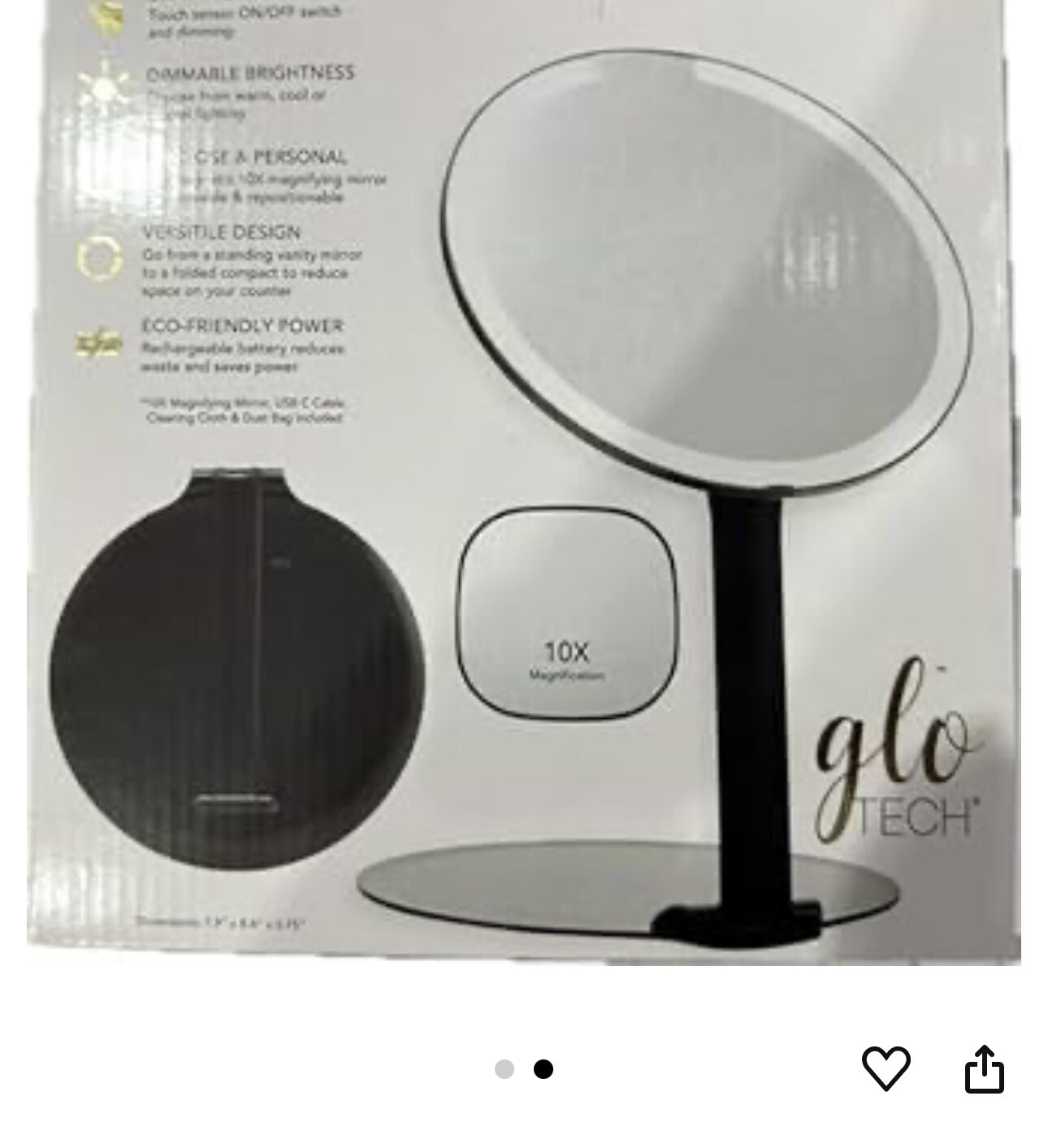 GloTech Foldable Travel LED Mirror, White