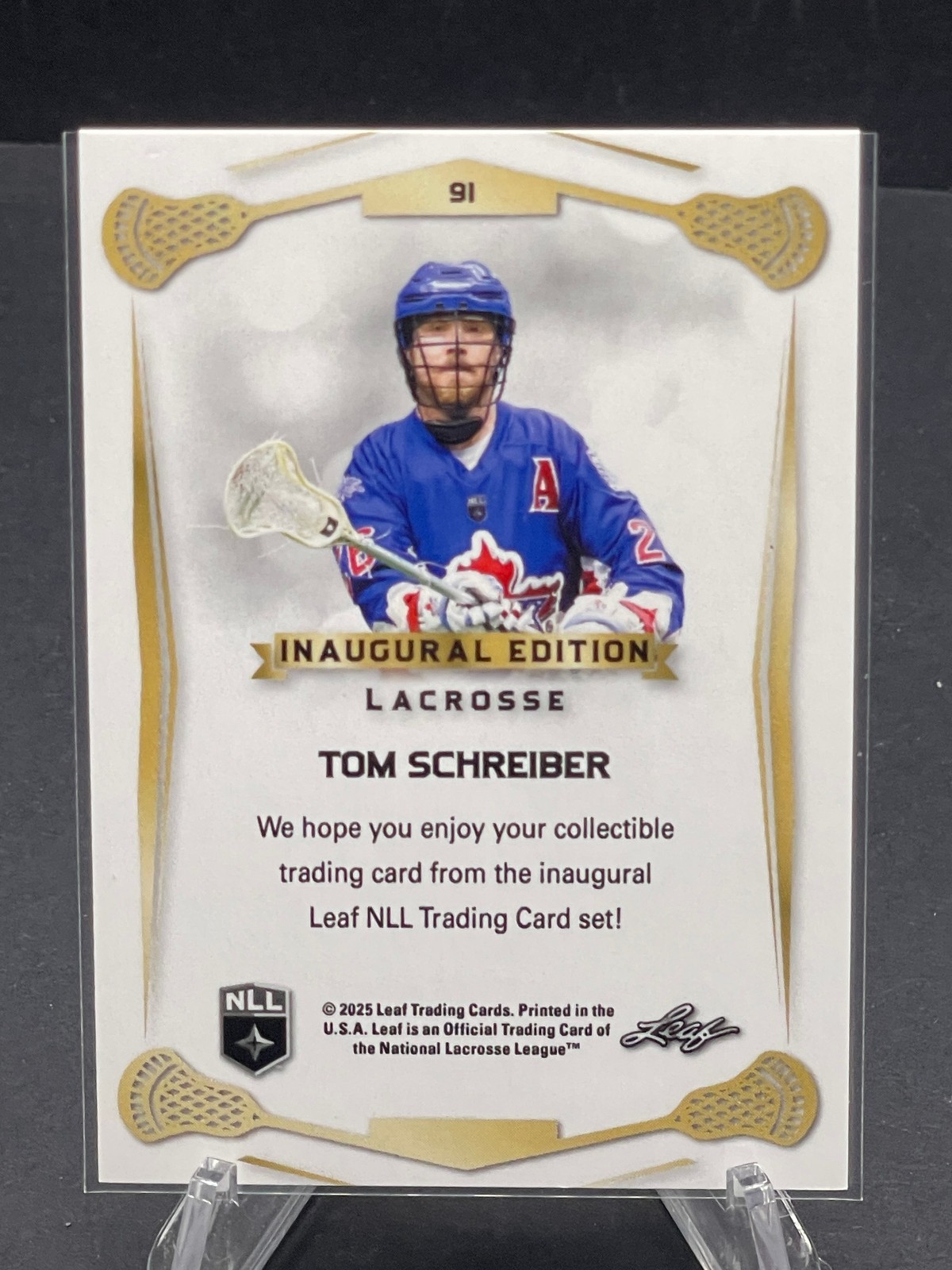 TOM SCHREIBER 2025 LEAF NATIONAL LACROSSE LEAGUE NLL ROSE GOLD #91, SN 36/50