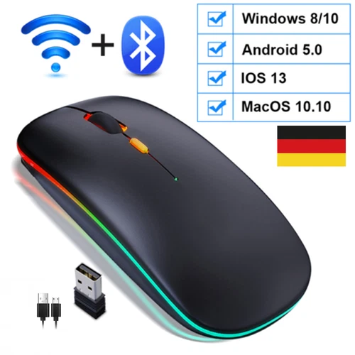 PC Maus Kabellos Bluetooth und Funk für Computer, MAC Aufladbare leise Maus LED