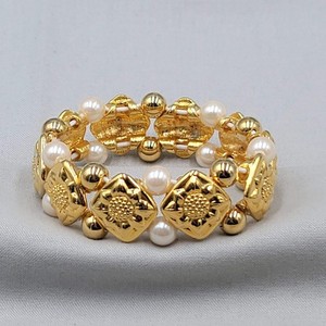 Authentic Gold Plated Flower Bead Bracelet Elastic 7"
