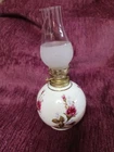 Vintage . Small Milk Glass Oil Kerosene Lamp Hand Painted Pink Flowers Clear Hur