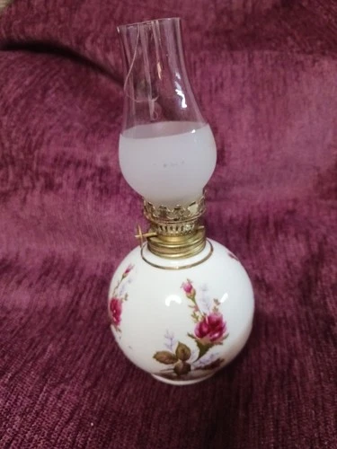Vintage . Small Milk Glass Oil Kerosene Lamp Hand Painted Pink Flowers Clear Hur