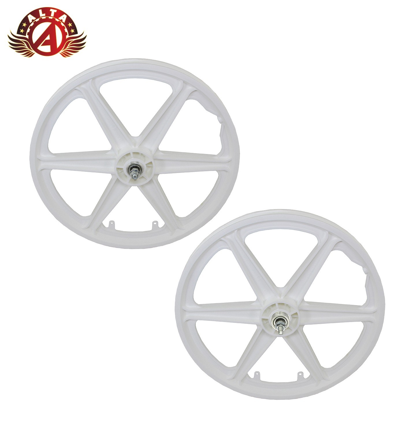 20&rdquo; BMX GT-Style 6-Spoke Mag Wheel Set White &ndash; Front & 1-Speed Freewheel Rear.