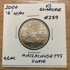 2000 USA Quarter Dollar "D" Massachusetts State a/UNC in 2X2 #239