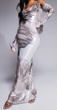 ASOS DESIGN Shimmer Plunge Cowl Neck Maxi Dress Tie Detail Long Sleeves Small