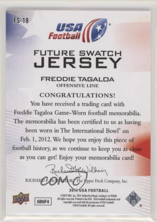 2012 Upper Deck USA Football Box Set Future Swatch Jersey Freddie Tagaloa #FS-18 - Image 2 of 2