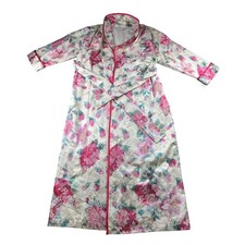 Vintage Natori Robe Women M Pink Multi Color Floral Rose Cotton Belted Sleepwear