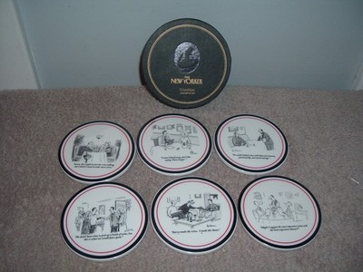 Restoration Hardware The New Yorker Set of 6 Ceramic Cork Coasters Wine Cartoons