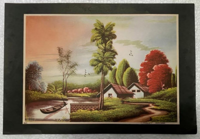 OLD VINTAGE RARE BEAUTIFUL VILLAGE SCENERY LITHO PRINT PAPER - MULTICOLOR