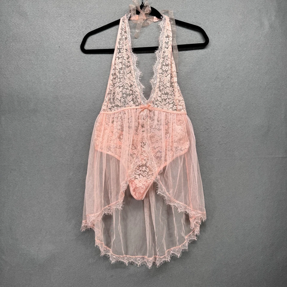 Dreamgirl O/S Halter Plunge Lace Teddy with Attached Flyaway Skirt Pink 11513 - Image 2 of 4