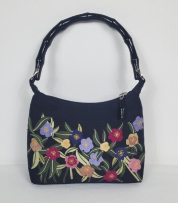 TALBOTS 100% Silk Exterior Purse Embroidered Florals Bamboo-style Handle