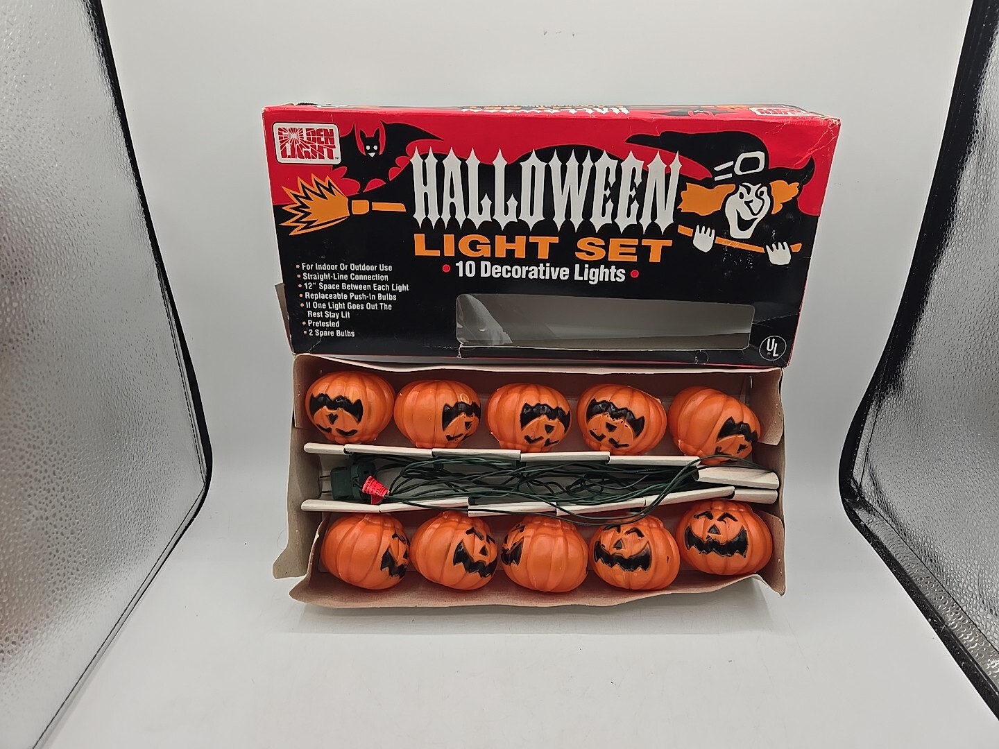 Vtg Orange Halloween String Light Set Blow Mold Pumpkins Jack O Lantern Open Box