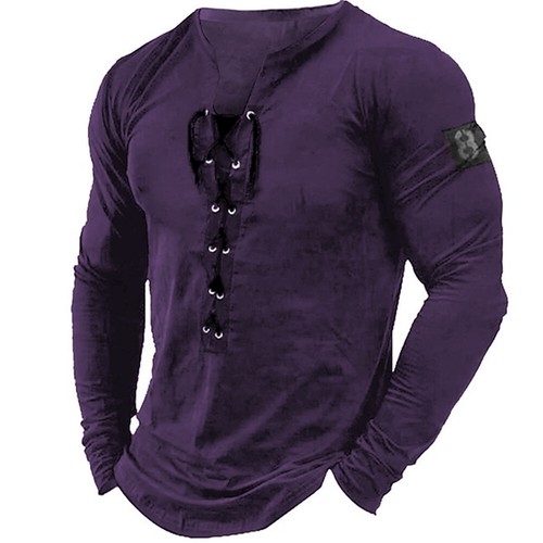 Mens Lace Up Long Sleeve T Shirt Tee Grandad Gym Fitness Muscle Fit Shirts Tops - Picture 9 of 19