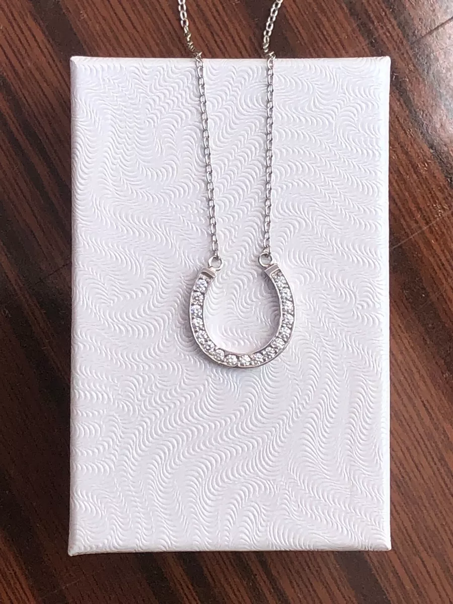 925 Sterling Silver Cz Horseshoe Pendant Necklace Womens 14mm 0.55