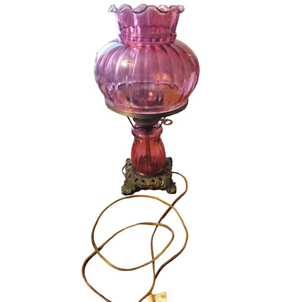 Red Cranberry 2 Way Boudoir Electric Hurricane Lamp Ruffle Top Ribbed Glass 17