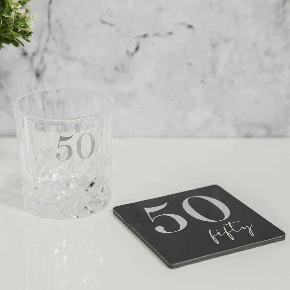MILESTONES CUT GLASS WHISKY TUMBLER & COASTER - 50