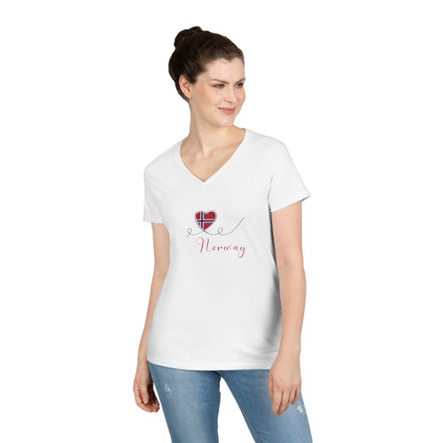 Ladies' V-Neck T-Shirt - Love Norway Design, Casual Tee, Norwegian Pride - Picture 2 of 7