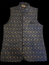 Men's Blue Brocade Nehru Vest with Gold/Burgandy details brand new with tags