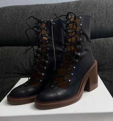Chloé Damen Leder-Stiefeletten Schnürung/Reißverschluss Blockabsatz EU 39,5