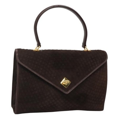 BALLY Quilted Hand Bag Suede Dark Brown Gold Auth BA1446 | eBay