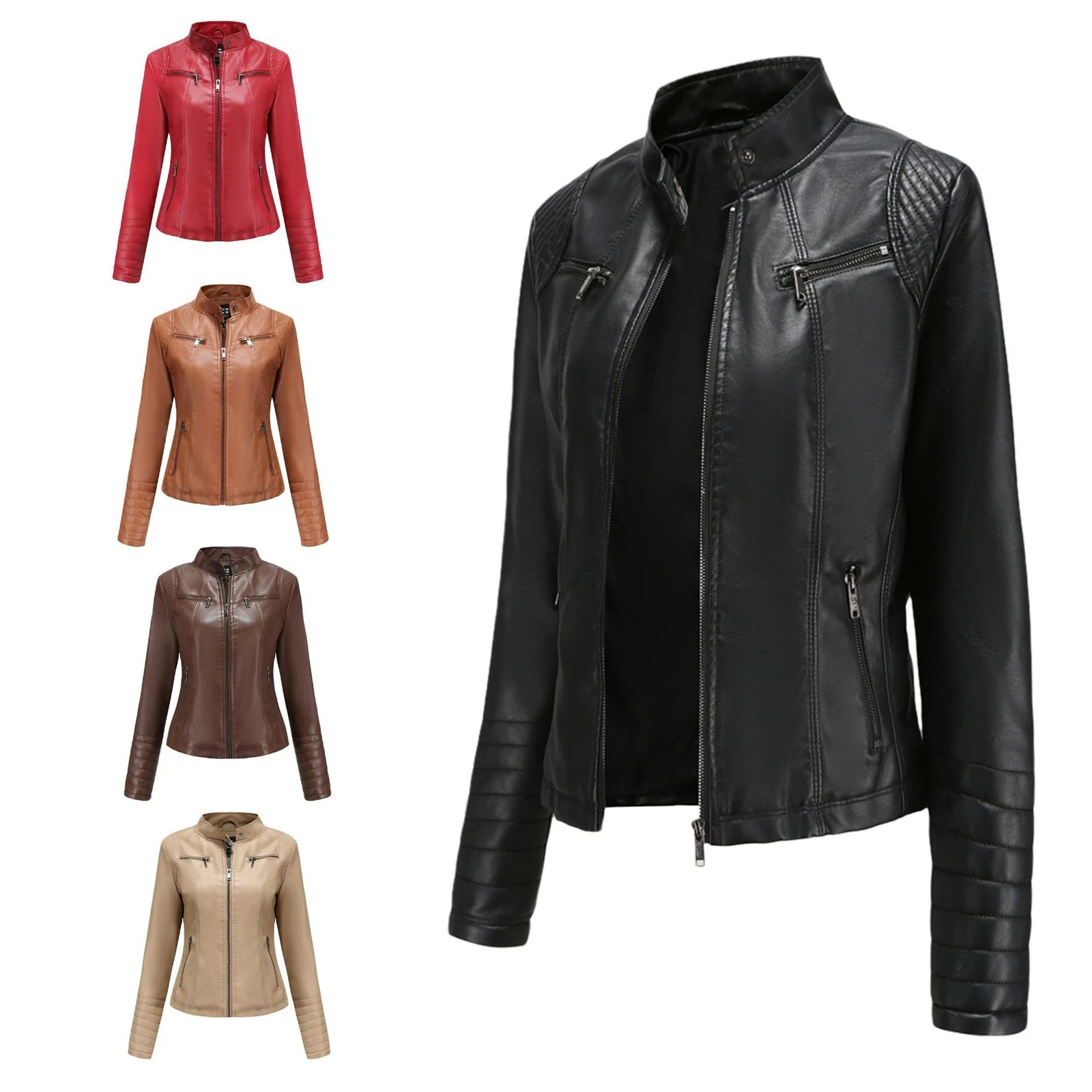 Ladies PU Leather Long Sleeve Zip Up Coat Jacket Blazer Bomber Biker Pocket Tops