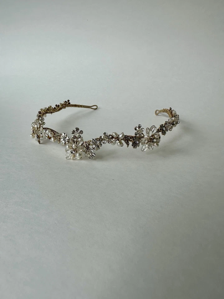 Gold Wedding Tiara Made with Swarovski Crystal Freshwater Pearls Couture Halo - Image 3 of 4