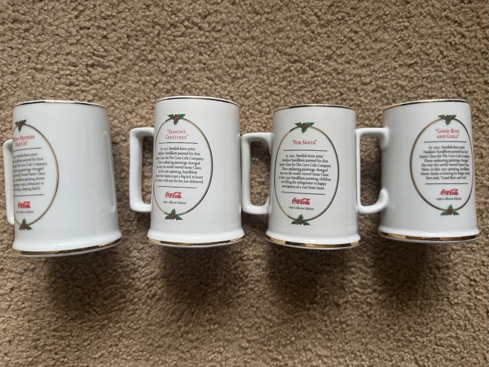 Juego de 4 tazas Coca Cola Santa 1996 edición coleccionista borde dorado 4,75 pulgadas de alto Foto 2 de 2