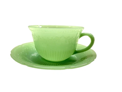 Rare 1948-50 Fire-King Jadeite Alice Cup/Saucer Set SCRIPT LOGO No USA Stamp