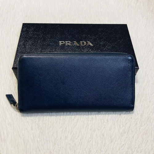 Portefeuille PRADA long pliable porte monnaie bleu marine boîte authentique