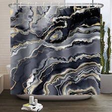 Black Gray Marble Shower Curtain Golden Modern Abstract Aesthetic 72x72