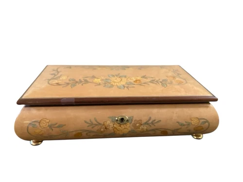 Vtg Italian MusicJewelry Box - Wood Floral Inlay Pink Velvet Linen W/Key Footed