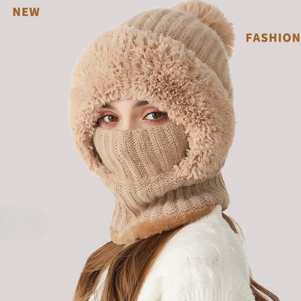 3 in 1 Womens Knit Beanie Hat Fleece Lined Winter Scarf Mask Set Snow Caps Gifts