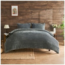 Image of Plush Faux Fur Chunky Ribbed Charcoal Bedding Duvet Cover Set