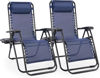 Sweetcrispy Set of 2 Zero Gravity Chairs Folding Recliner Blue