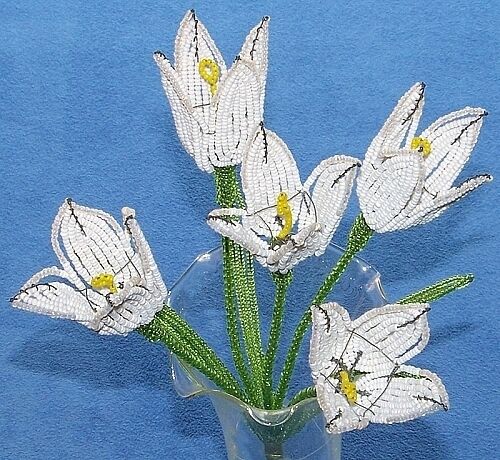 Vintage French Glass Beaded White Tulip (5) Flower Bouquet - Picture 1 of 1