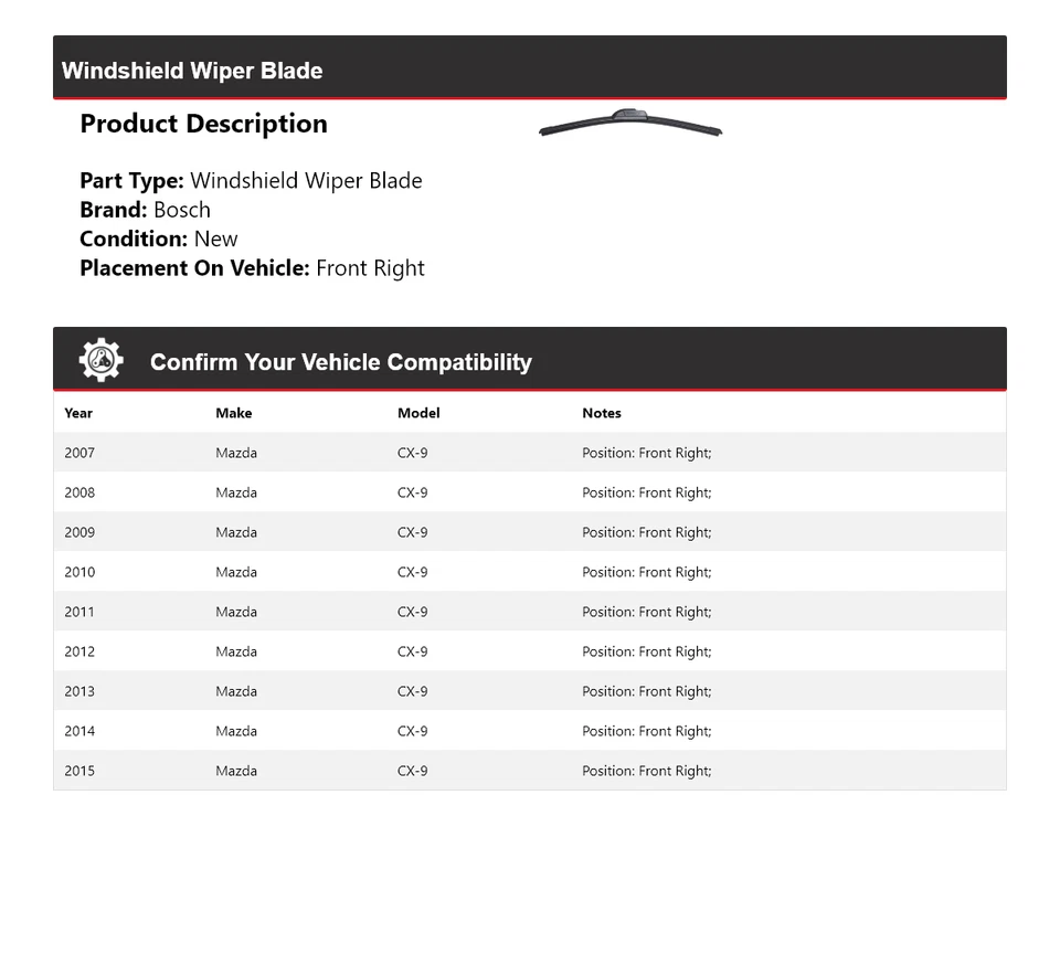 Limpiaparabrisas delantero derecho Bosch ICON 2007-2015 para Mazda CX-9 2008 2009 Foto 2 de 3