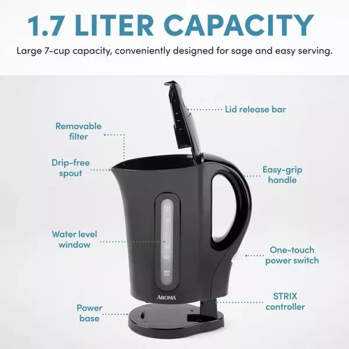 Aroma 1.7L Electric Kettle - Black: Dripless Spout, 1500W, Water Level Viewer - Picture 8 of 10