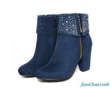 Womens Bling Bling Rhinestones Ankle Boots Suede Chunky Zip Velvet Fashion Shoes