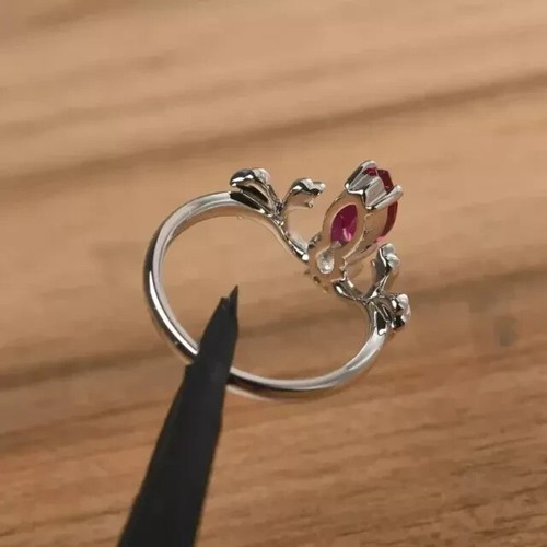2Ct Marquise Cut Lab-Created Red Ruby Leaf Engagement Ring 14K White Gold Plated - Picture 7 of 8
