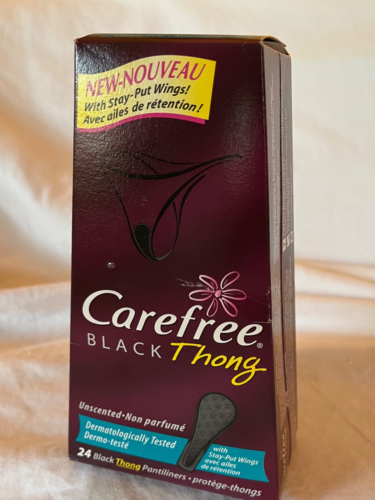 BLACK Carefree Thong Liners, Unscented. Case of 12 boxes (each box has 24). NIB 