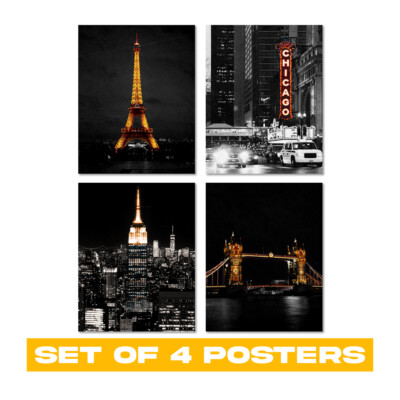 4er Set schwarz-weiße Stadtlichter Wandposter - City Skyline ästhetische Deko...