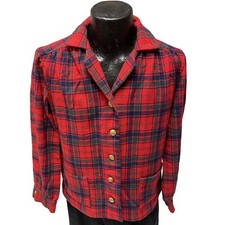 Vtg 80  s Cascade Fabrics RED Green PLAID Wool TWEED Gold Btn Jacket Suit Blazer