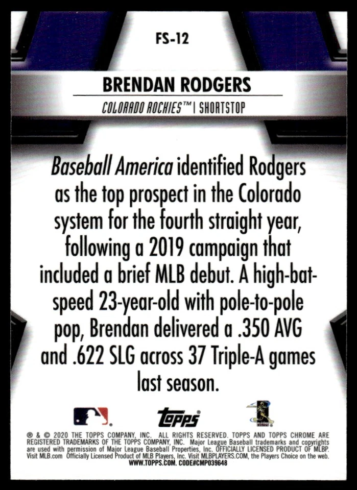 2020 Topps Chrome Future Stars Brendan Rodgers R18 Colorado Rockies #FS-12 - Image 2 of 2