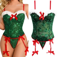 Women Sexy Faux Fur Corset Set Lingerie Christmas Teddy Santa Underwear Babydoll