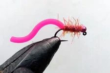 6 Pink Bubble Gum Tungsten Wonky Squirmy Worm weighted Wormy Fly  Barbless