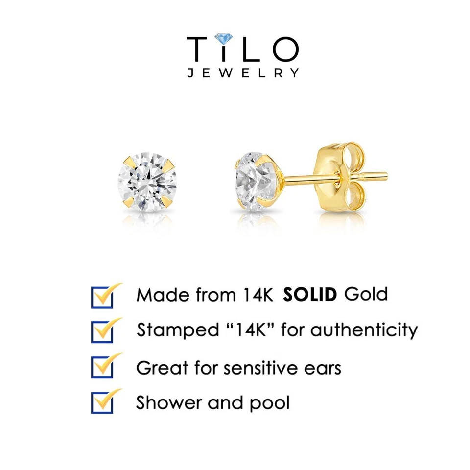 14K Real Solid Gold Solitaire Round CZ Studs Earrings Push-back Stamping 2mm-8mm - Image 2 of 4